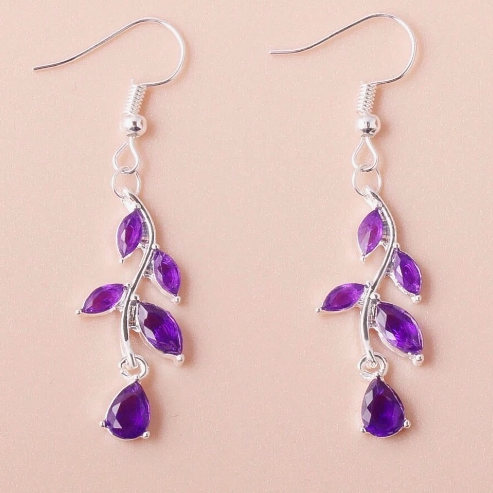 Silver Purple Crystal Teardrop Chandelier Drop Earrings